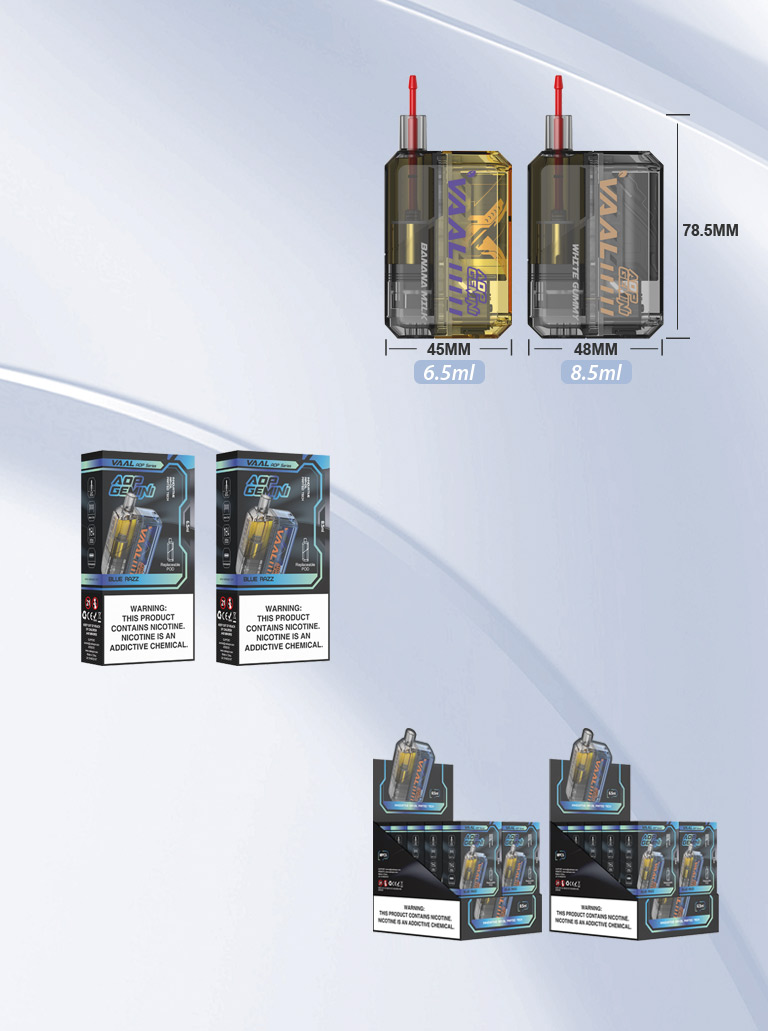 Specification of VAAL Gemini vape kit: Up to 5000 puffs and 6500 puffs, 650mAh battery, 6.5ml and 8.5ml E-liquid Capacity, 1.2ohm mesh coil.